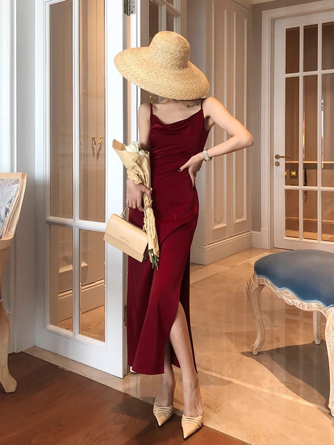French-Style Red Swing-Neck Slit Slip Dress for Women, Summer High-End Acetate Satin Elegant Slimming Long Dress