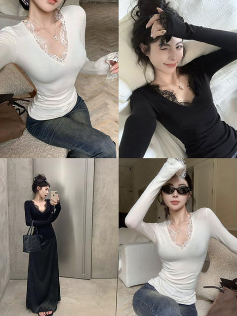 Autumn and Winter Pure Black V-Neck Long-Sleeve T-Shirt for Women with Lace Trim, Slim-Fit Base Shirt, Sexy Tight-Fitting Inner Top