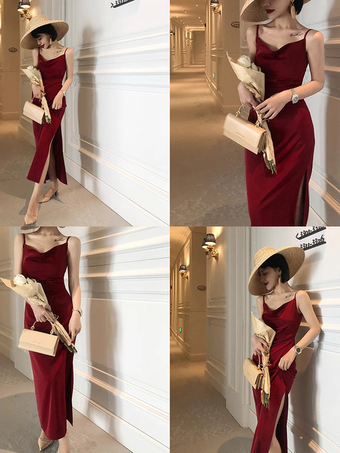 French-Style Red Swing-Neck Slit Slip Dress for Women, Summer High-End Acetate Satin Elegant Slimming Long Dress