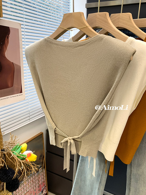 Designed Back Lace-Up Sleeveless Knitwear for Women Summer Thin T-Shirt Ice Silk Slim Short Flying Sleeve Top