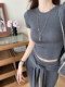 Summer Hot Girl Gray Round Neck Tight Short-Sleeved T-Shirt with Tie Design and Floor-Length Tencel Pants Two-Piece Set