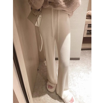 Autumn and Winter White Wool Knit Wide-Leg Pants for Petite Women, Thick Straight-Leg Glutinous Rice Pants with Drape, High-Waisted Floor-Length Trousers