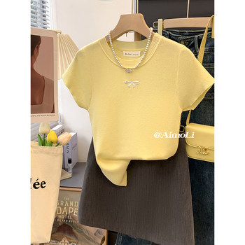 French-Style Yellow Sweet Bow Ice Silk Knit Top for Women, Summer Embroidered Slim-Fit Thin Base Shirt, Unique Top