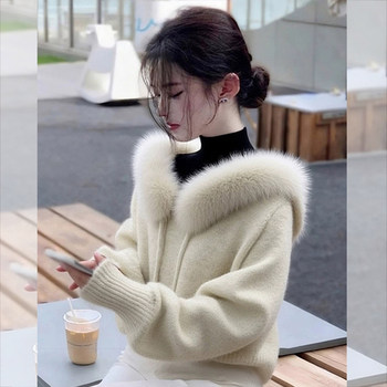 Fufu Sweater with Fur Collar and Hood for Women, Very Stylish for Autumn and Winter, Lazy and High-End Knit Top for Outerwear