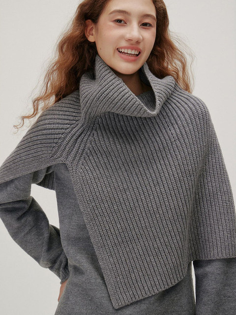 French Retro High-Neck Knitted Scarf Neck Warmer Women's Autumn and Winter Thickened Shawl with Slit Pullover Warm Cape Top