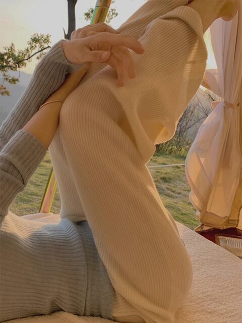 Autumn Soft and Drapey Knit Wide-Leg Pants for Women, Loose Casual Slimming Wool Straight-Leg Trousers for Petite Figures in Autumn and Winter