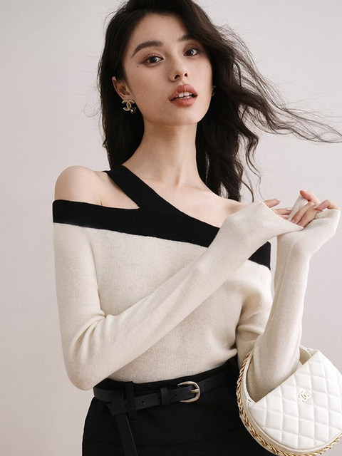 Autumn and Winter French-Style Off-Shoulder Color-Block Wool Knit Sweater for Women, High-End Base Sweater, Halter Neck, Off-Shoulder, Elegant Top