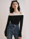 Autumn and Winter French-Style Off-Shoulder Color-Block Wool Knit Sweater for Women, High-End Base Sweater, Halter Neck, Off-Shoulder, Elegant Top