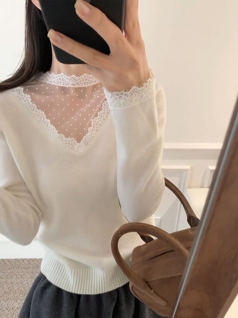 Lace Spliced Half-High Collar White Knitted Base Shirt for Women, Autumn and Winter Korean Style Beautiful Sweater, Short Top for Layering