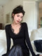 Autumn and Winter Pure Black V-Neck Long-Sleeve T-Shirt for Women with Lace Trim, Slim-Fit Base Shirt, Sexy Tight-Fitting Inner Top