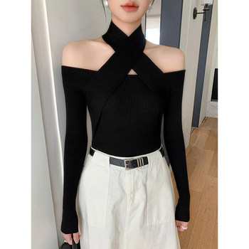 Autumn and Winter Design Wool Knit Sweater for Women, French-Style Black Halter Neck Base Sweater, Sexy Off-Shoulder Top