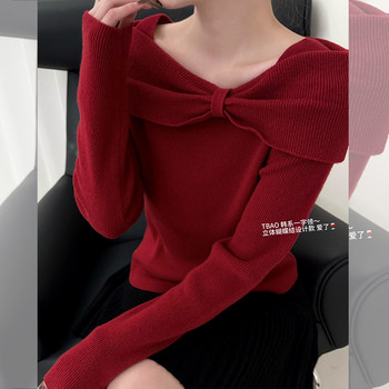 Autumn and Winter Korean Style One-Shoulder Bow-Knot Elegant Knit Sweater for Women, Unique and Super Stylish Red Top