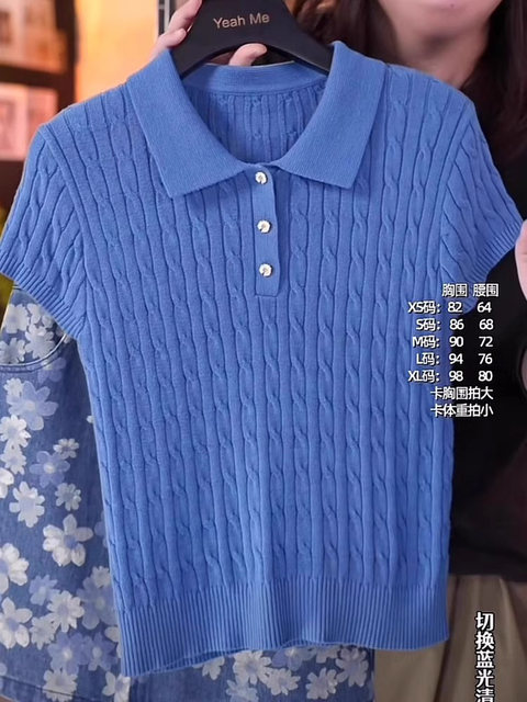 Summer Blue Twist-Knit Short-Sleeve Knit Top for Women, French-Style Polo Collar, High-End Base Shirt, Ice Silk Top