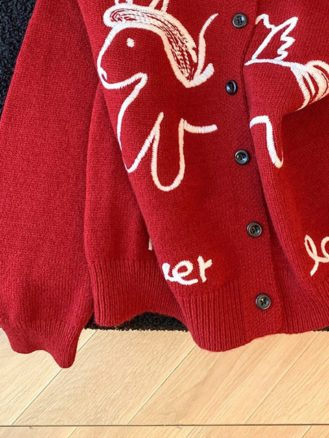 New Year's Red Pony Embroidered Knitted Cardigan for Women, Autumn and Winter Korean Style, Flattering Outerwear Sweater, Round Neck, Soft and Cozy Top
