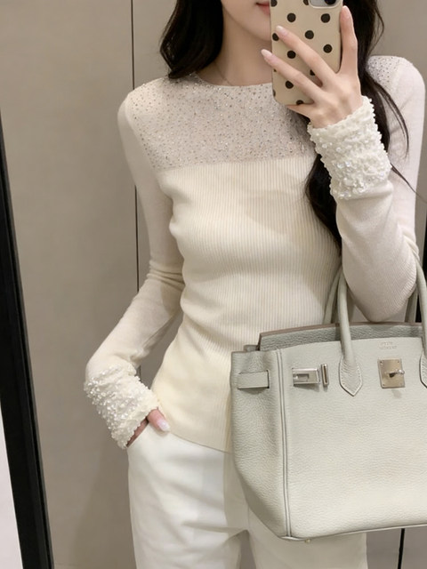 French glitter hot diamond slim fit sweater for women in autumn and winter, stunning and beautiful bottoming shirt, high-end inner top