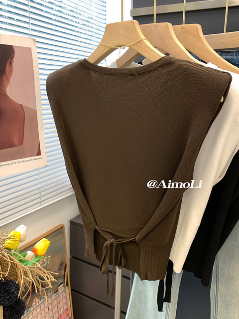 Ice Silk Sleeveless Knitwear for Women Summer High-End Thin Flying Sleeve T-Shirt Elegant Lace-Up Waist Short Top