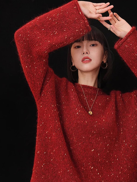 Autumn and Winter Retro Japanese-Style Loose and Casual Knitwear New Year Red Women's Clothing Christmas Red Outerwear Sweater Thickened Top