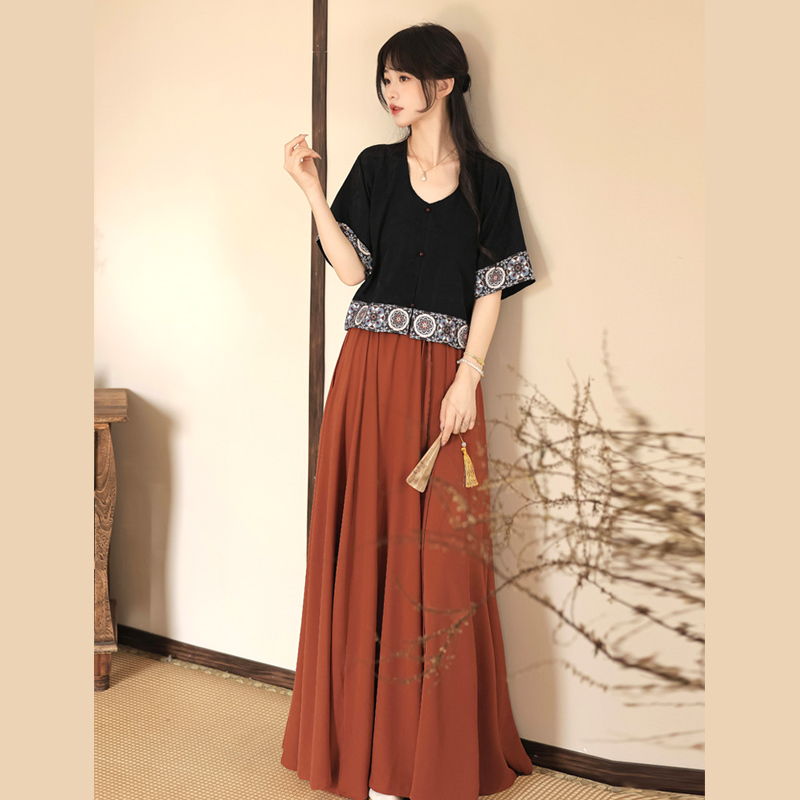 [Refreshing] Mingyue Xuan Hanfu Tang-Style Half-Length Robe with a Draped Collar, Half-Sleeves, Waist-Length Elasticated Skirt, Daily Commuting Outfit