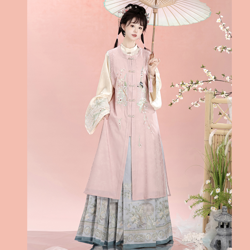 [Window Garden Scenery] Mingyue Xuan's Original Ming-Style Hanfu Round-Neck Long Robe with Stand-Up Collar, Double-Breasted Long Shirt, Horse-Face Skirt, Summer Style