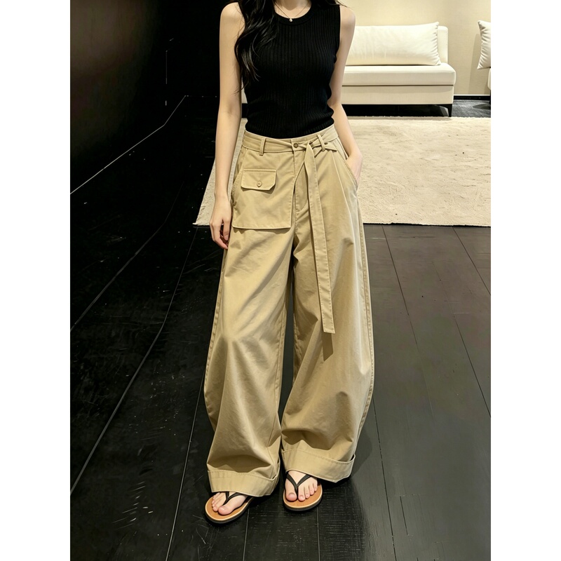 Khaki High-Waisted Casual Cargo Pants for Women, 2026 Summer New Design, Loose Fit, Slimming Straight Wide-Leg Trousers Khaki High-Waisted Casual Cargo Pants for Women, 2026 Summer New Design, Loose Fit, Slimming Straight Wide-Leg Trousers