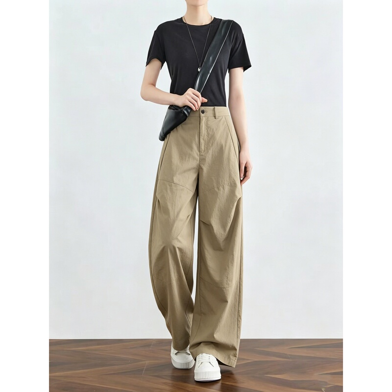 Khaki Workwear Pocket Wide-Leg Pants for Women, 2026 Summer New Style, Tall and Extended Length, Loose Casual Curved Pants