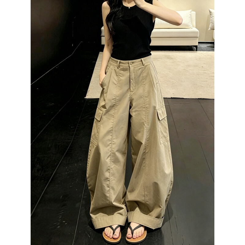 High-Waisted Khaki Wide-Leg Pants for Tall Women, Summer New Style, Relaxed Fit, Slimming, Casual Pants