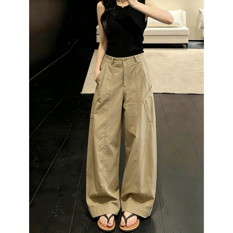 High-Waisted Khaki Wide-Leg Pants for Tall Women, Summer New Style, Relaxed Fit, Slimming, Casual Pants