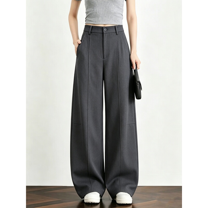 Gray High-Waisted Casual Wide-Leg Pants for Women, 2026 Summer New Style, Extra-Long, Drapey, Loose-Fitting, Slimming, Curved-Leg Pants