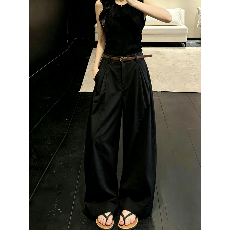 Black High-Waisted Relaxed Casual Wide-Leg Pants for Women, New Summer Style, Loose Fit, Slimming, Drapey, Straight-Cut, Versatile, Curved Pants
