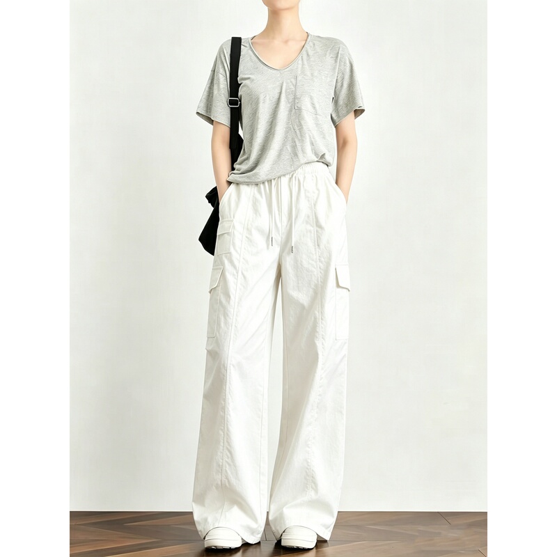 White High-Waisted Casual Cargo Pants for Women, 2026 Summer New Style, Extra-Long Loose Quick-Dry Drawstring Curved Pants for Tall Individuals