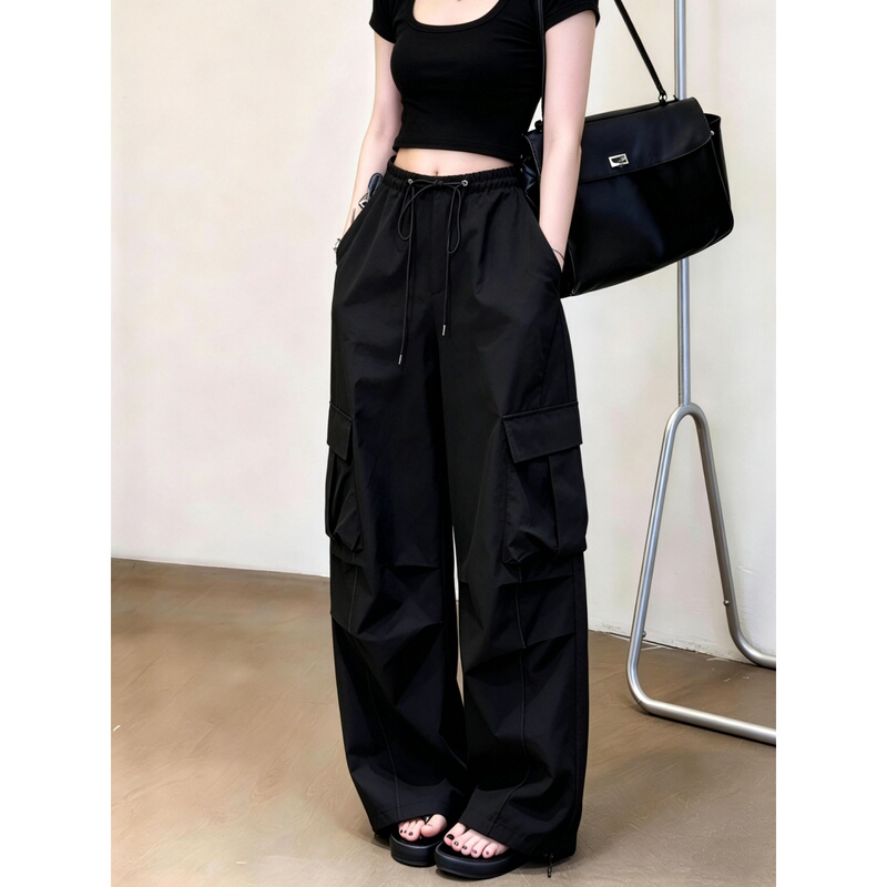 American Retro Black Paratrooper Cargo Pants for Women, New Summer Style, Loose Fit, Slimming, Multi-Pocket, Quick-Dry, Casual Wide-Leg Pants