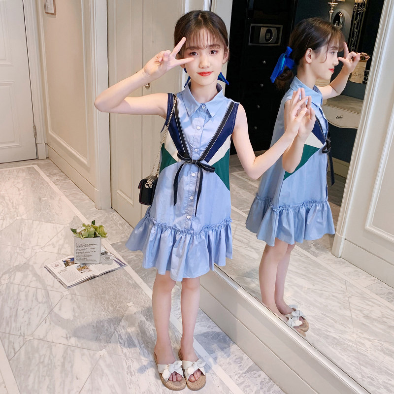 Girls summer clothes short-sleeved dress children's summer college style shirt skirt ruffle skirt middle-aged children's vest skirt