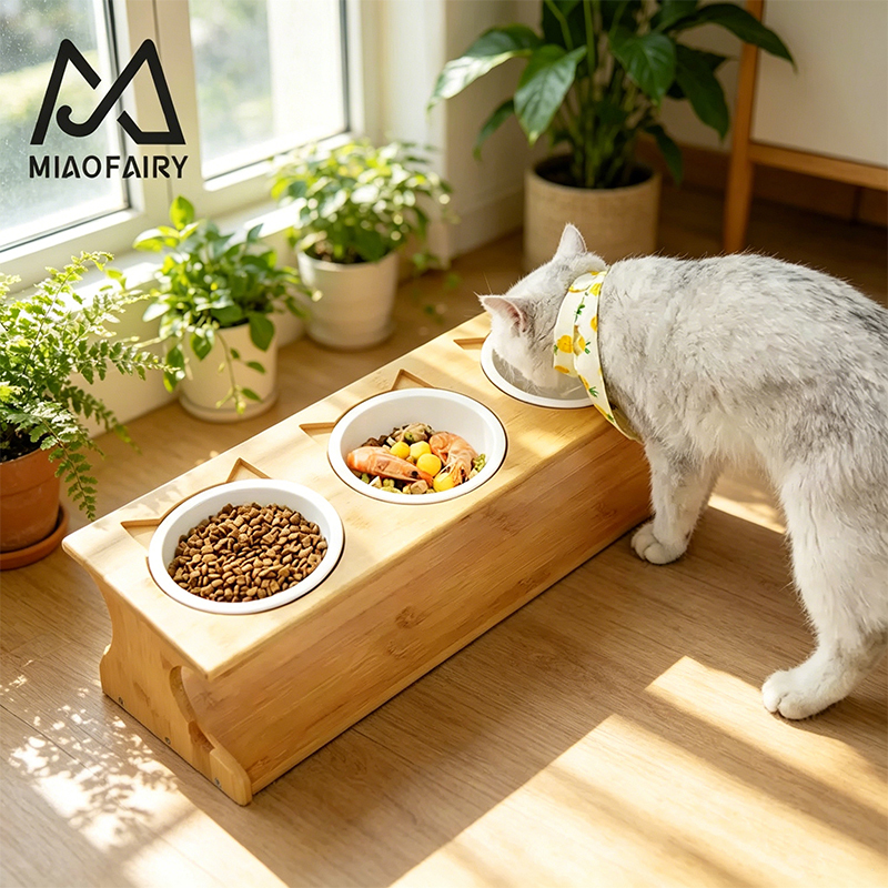 Ceramic Double Bowl Cat Food Bowl with Solid Wood Stand, Tilted Mouth Design to Protect Cervical Spine, Prevent Black Chin, Prevent Overturning, and Prevent Cats from Spilling Water Ceramic Double Bowl Cat Food Bowl with Solid Wood Stand, Tilted Mouth Design to Protect Cervical Spine, Prevent Black Chin, Prevent Overturning, and Prevent Cats from Spilling Water