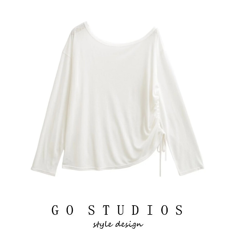 Jazz Street Dance Off-Shoulder White Sexy Pure Desire Top Spring and Summer Versatile Casual Lazy Drawstring Slanted Shoulder Long-Sleeve T-Shirt