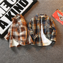 Boy thick shirt autumn winter clothing 2021 new foreign handsome big childrens clothing warm boy plus velvet shirt tide