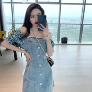 Hàn Quốc phiên bản của khí nghiền nát tay áo ngắn khâu một vòng eo từ vai denim váy mùa hè hiển thị mỏng A-từ ngắn váy cô gái