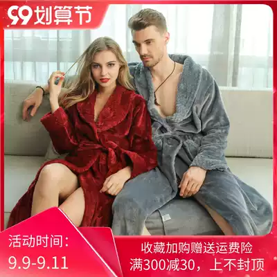 Flannel robe winter thickened long coral velvet couple waist sexy warm couple home clothing bathrobe