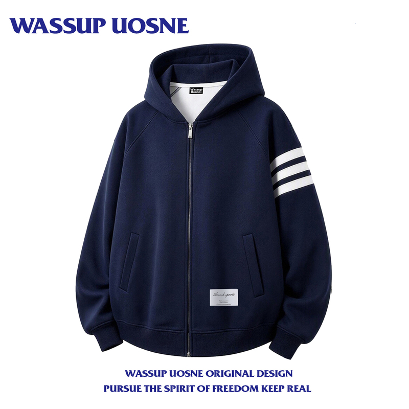 Wassup Striped Cardigan Zipper Hoodie Unisex Autumn and Winter 2026 New High Street Casual Couple Jacket