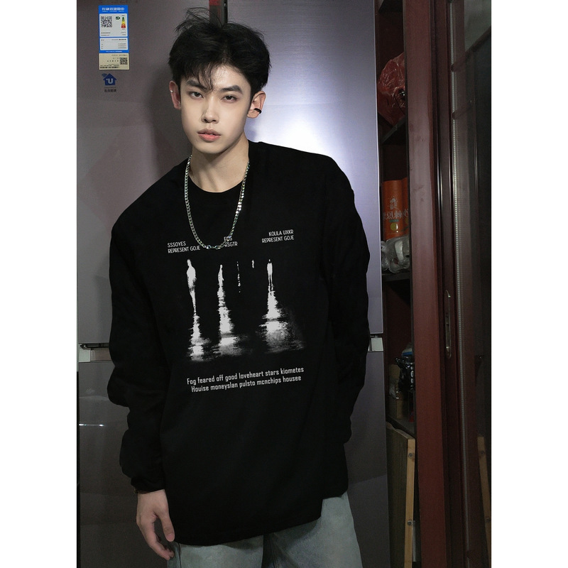 Fntk National Trendy Brand American-Style Heavy Letter Print Long-Sleeve T-Shirt Dark Style Printed Men's Loose Pure Cotton Inner Layer Base Shirt