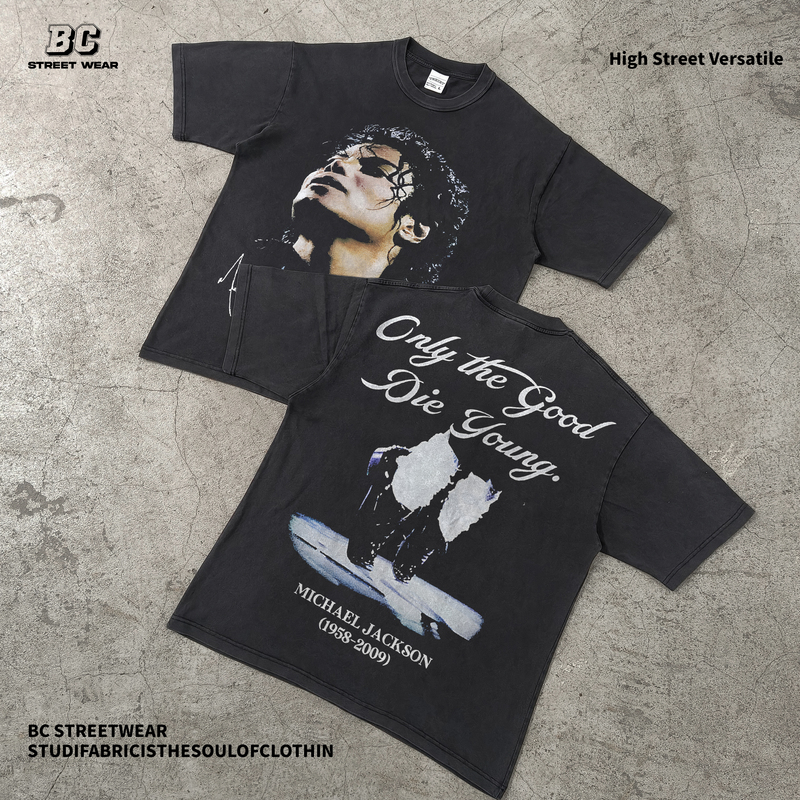 Bc Washed Vintage Michael Jackson T-Shirt Retro American High Street Commemorative Portrait Print Short-Sleeve Unisex Trendy