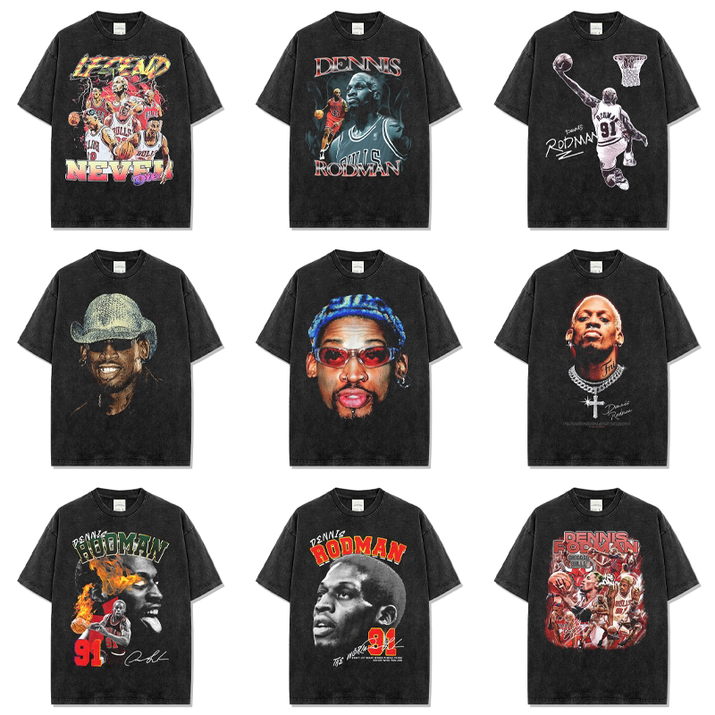 Bc American Retro Short-Sleeve T-Shirt with Rodman Image, Washed Heavy-Duty High-Street Style with Small Neckline for Men