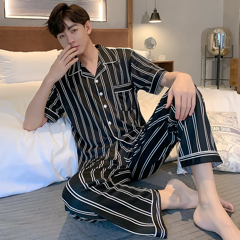 Summer pajamas men's cotton short-sleeved trousers plus fertilizer plus size 200 catties middle-aged and young people can wear home clothes suits