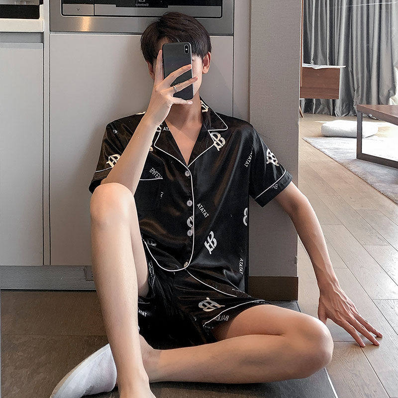 Ice silk short-sleeved pajamas men's summer thin section plus fertilizer plus size 230 catties loose silk homewear suit