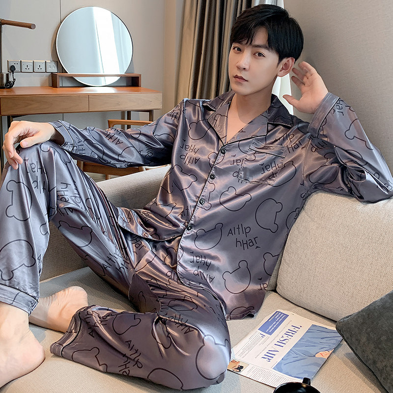 Long-sleeved men's pajamas spring and autumn ice silk thin section plus fertilizer plus size 200 catties loose silk homewear suit