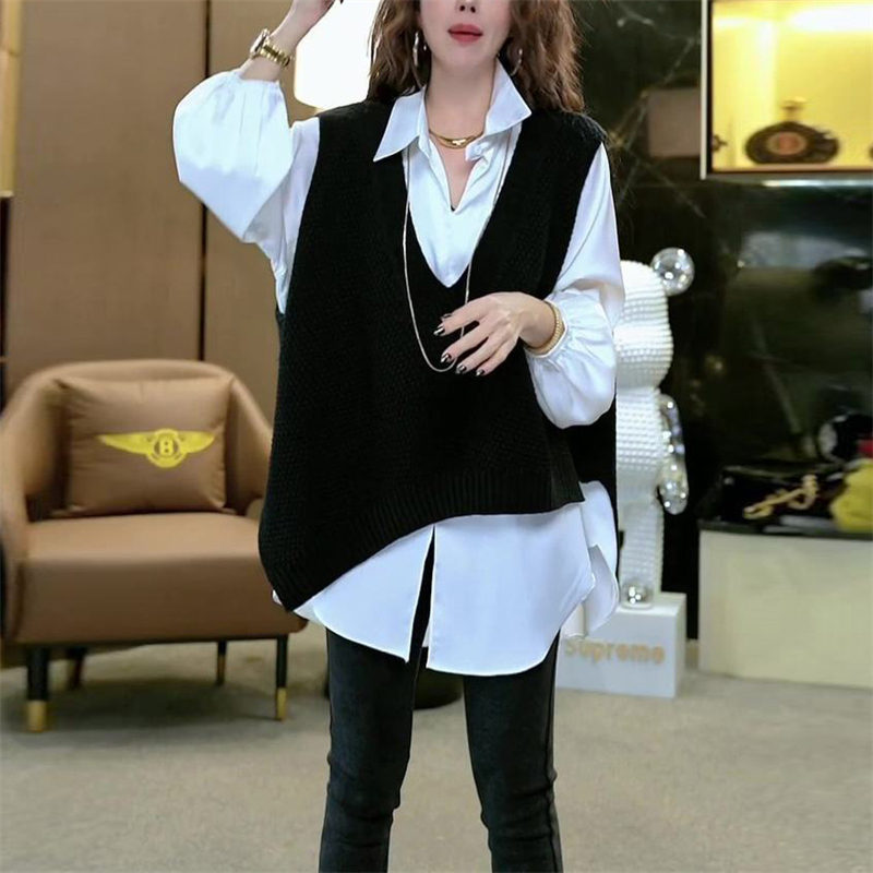 Salt-Style High-End Two-Piece Set, Korean Version, Loose Irregular Long-Sleeve Shirt, Sleeveless Outerwear Vest, Women's Early Autumn