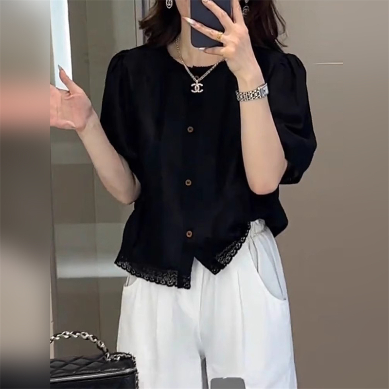 Summer Fashion New Women's Chic Shirt Stylish Cardigan Regular Shoulder Short Sleeve Black Spliced Lace Round Neck Top