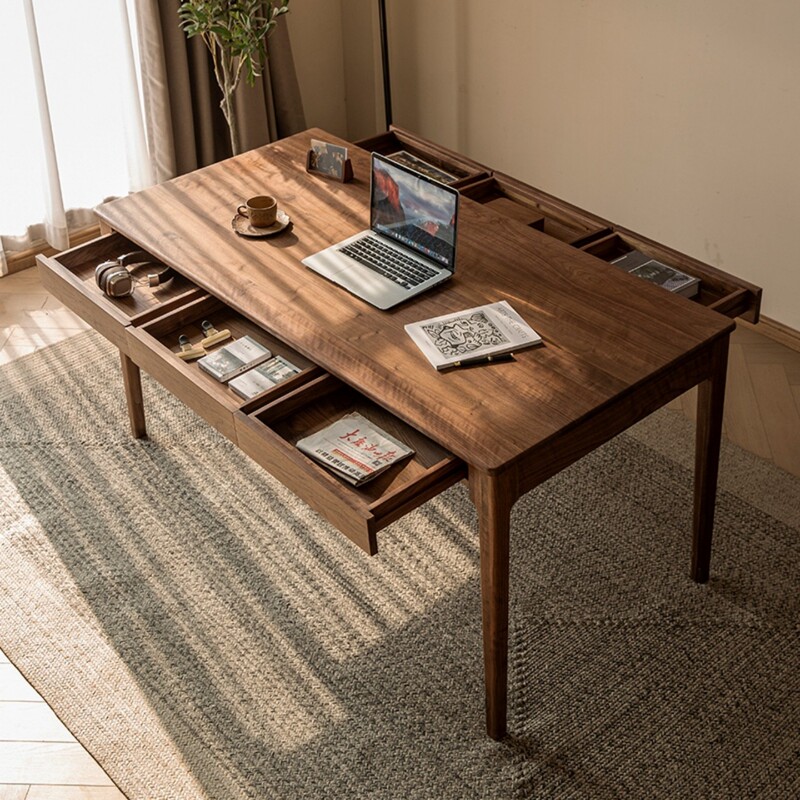 Rectangular Dining Table with Drawers, Solid Wood Double Drawer Workbench, Office Desk, Large Living Room Table, Black Walnut Desk