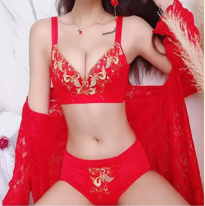 Yintingsha Red Lingerie Set Underwear for Women with Small Bust, Push-Up, Wedding Bride, Zodiac Year, Sexy Lace Bra