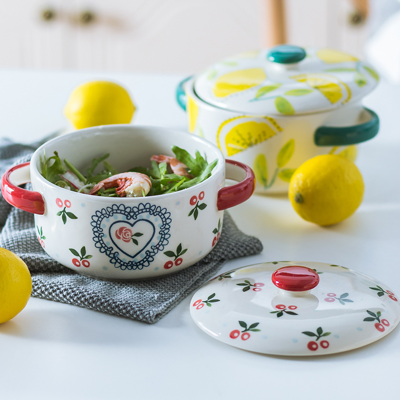 Hand - made cherry rainbow such as bowl with cover mercifully dormitory, lovely home with cover ceramic bowl Japanese ears big bowl of soup bowl