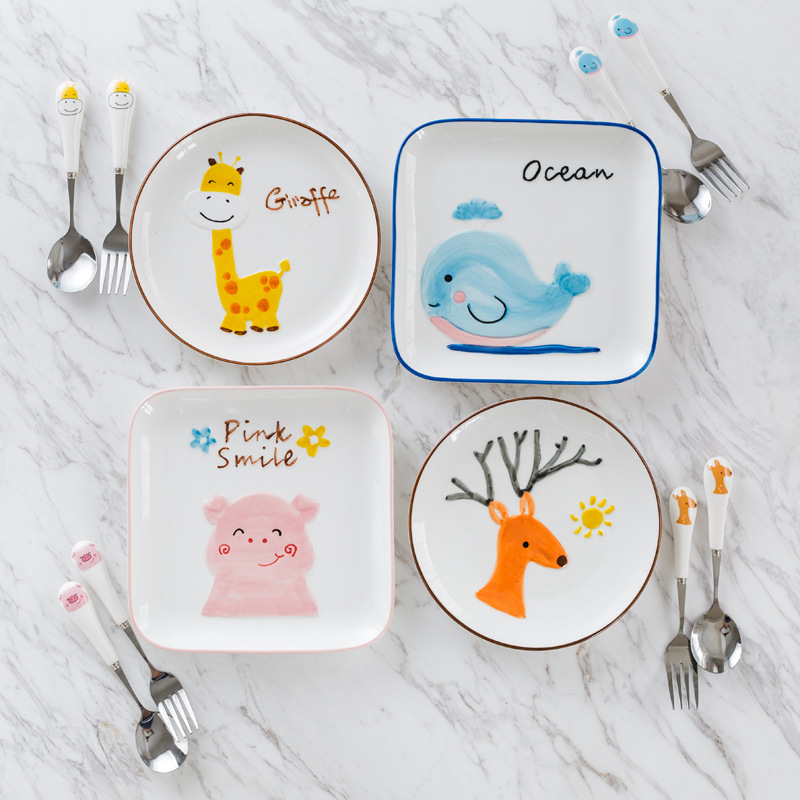 The New hand - drawn cartoon pig ceramic dish bowl bowl, small spoon, children cutlery set plate express it in animals